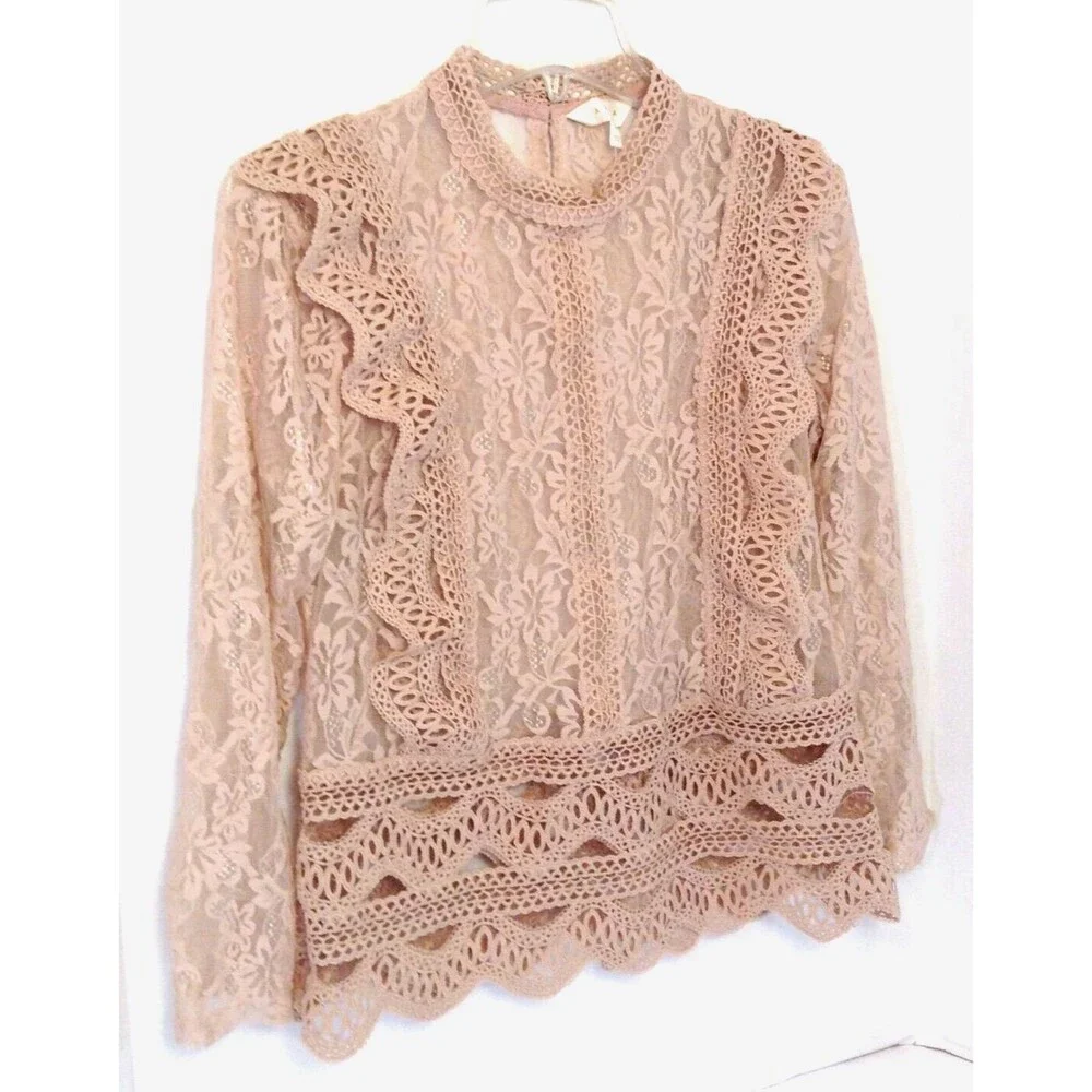 Crochet Lace Embroidered Top Wn S Beige Long Sleeve Blouse Sheer Fairy Boho Y2K